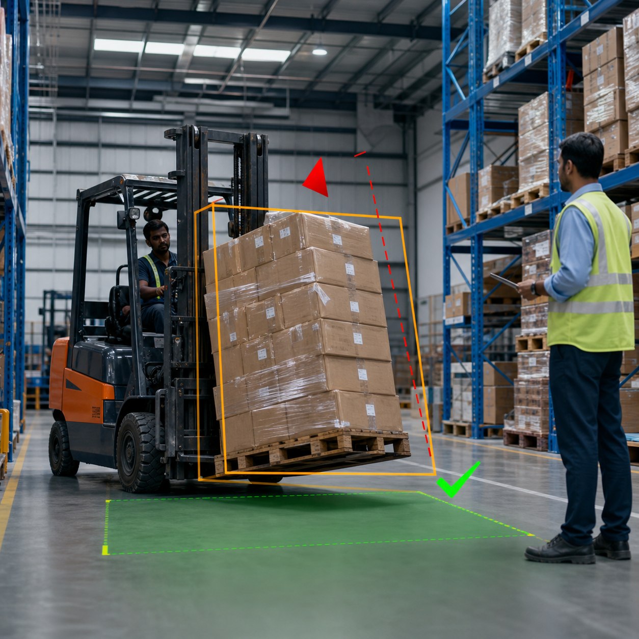 Computer vision assessing an unstable pallet being moved by a forklift