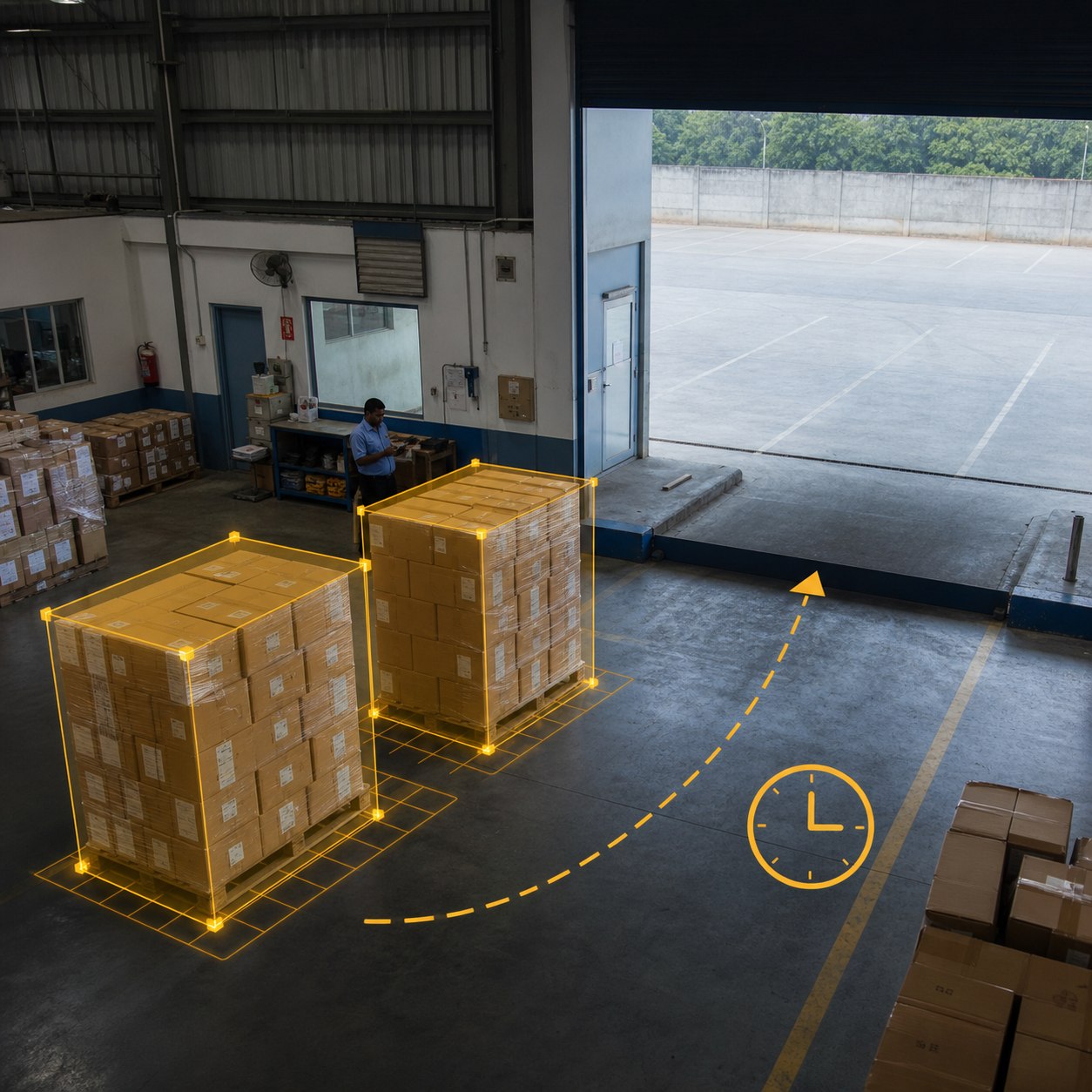 Computer vision tracking finished-goods pallets waiting in a dispatch area