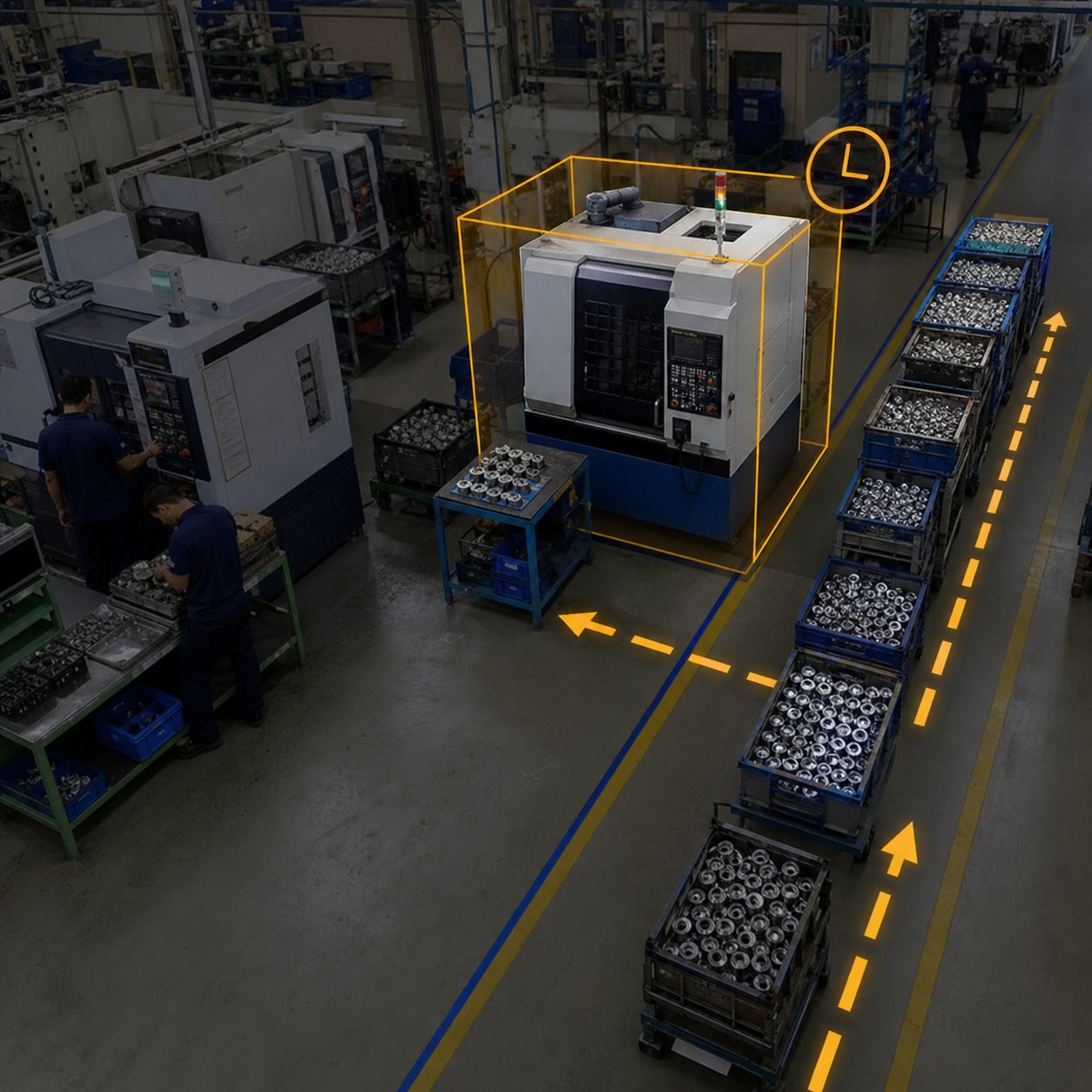 Factory camera view marking an idle machine and elapsed time