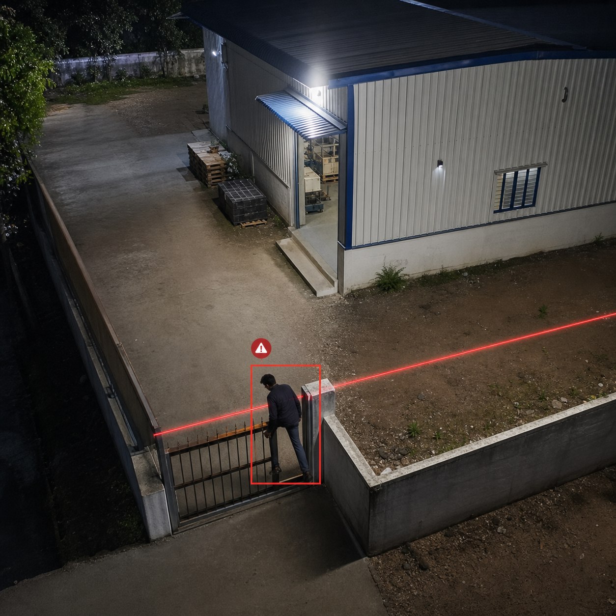 Night security camera detecting a person crossing a configured industrial perimeter