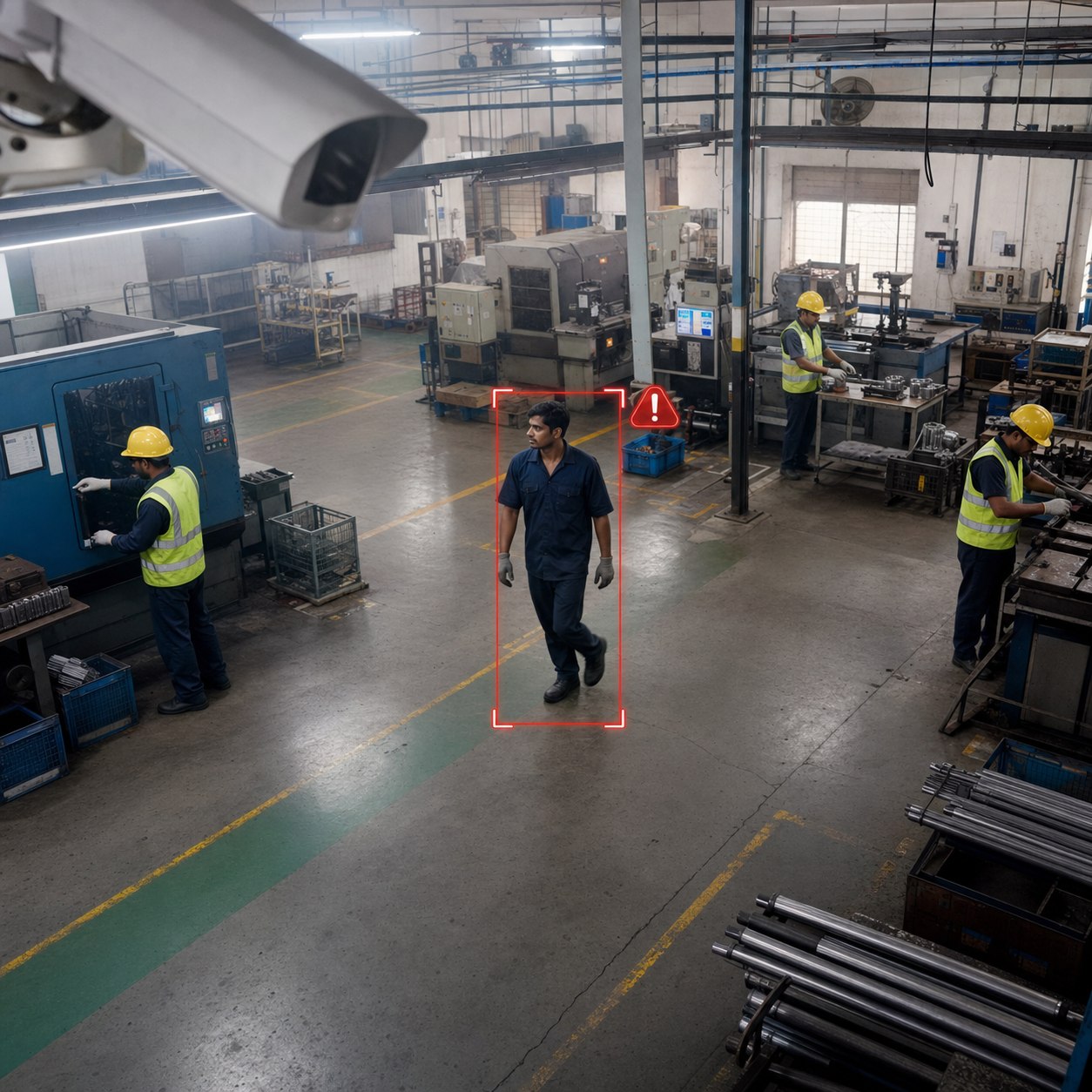 Industrial CCTV view highlighting a worker without the configured protective equipment