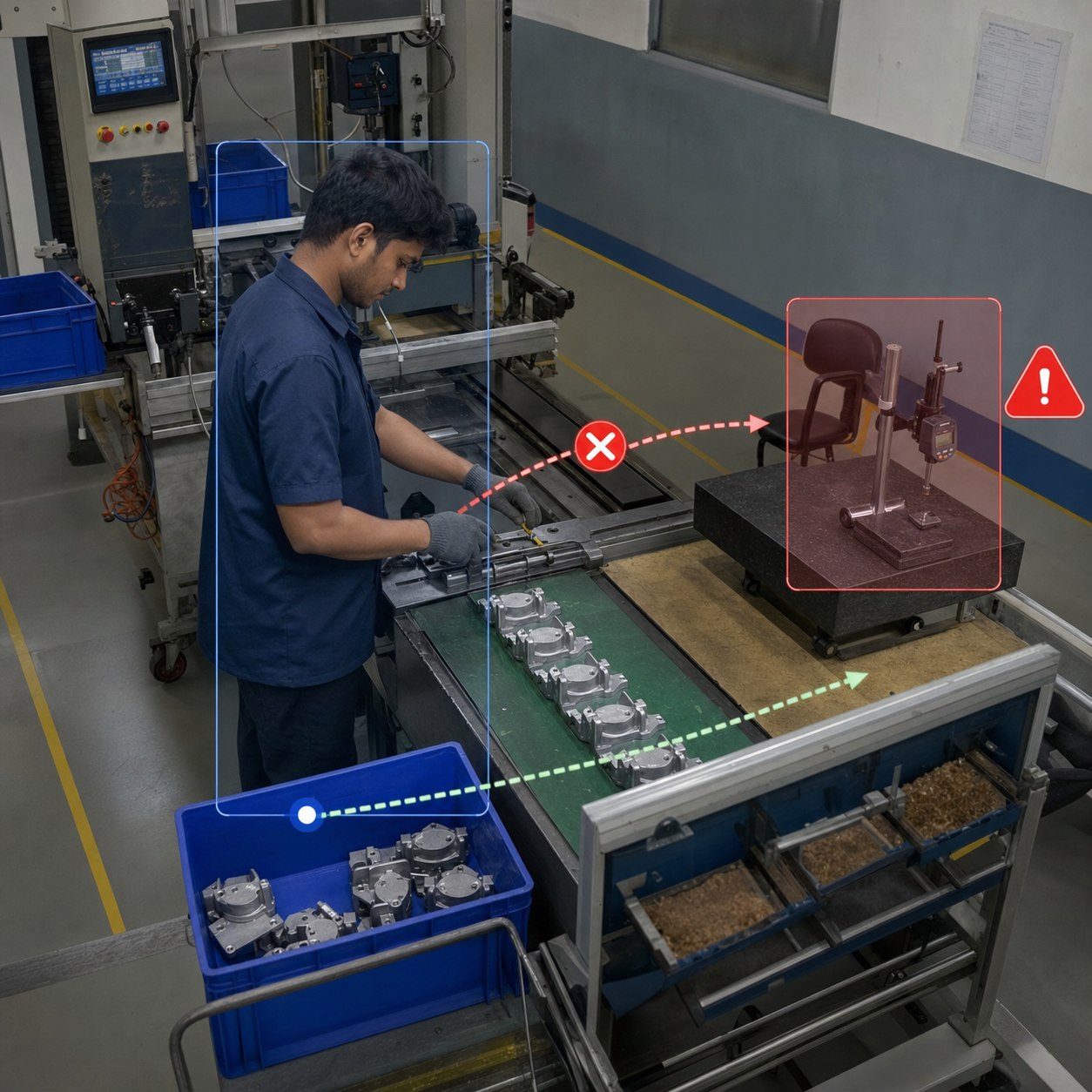 Computer vision monitoring a production worker and a missed inspection checkpoint