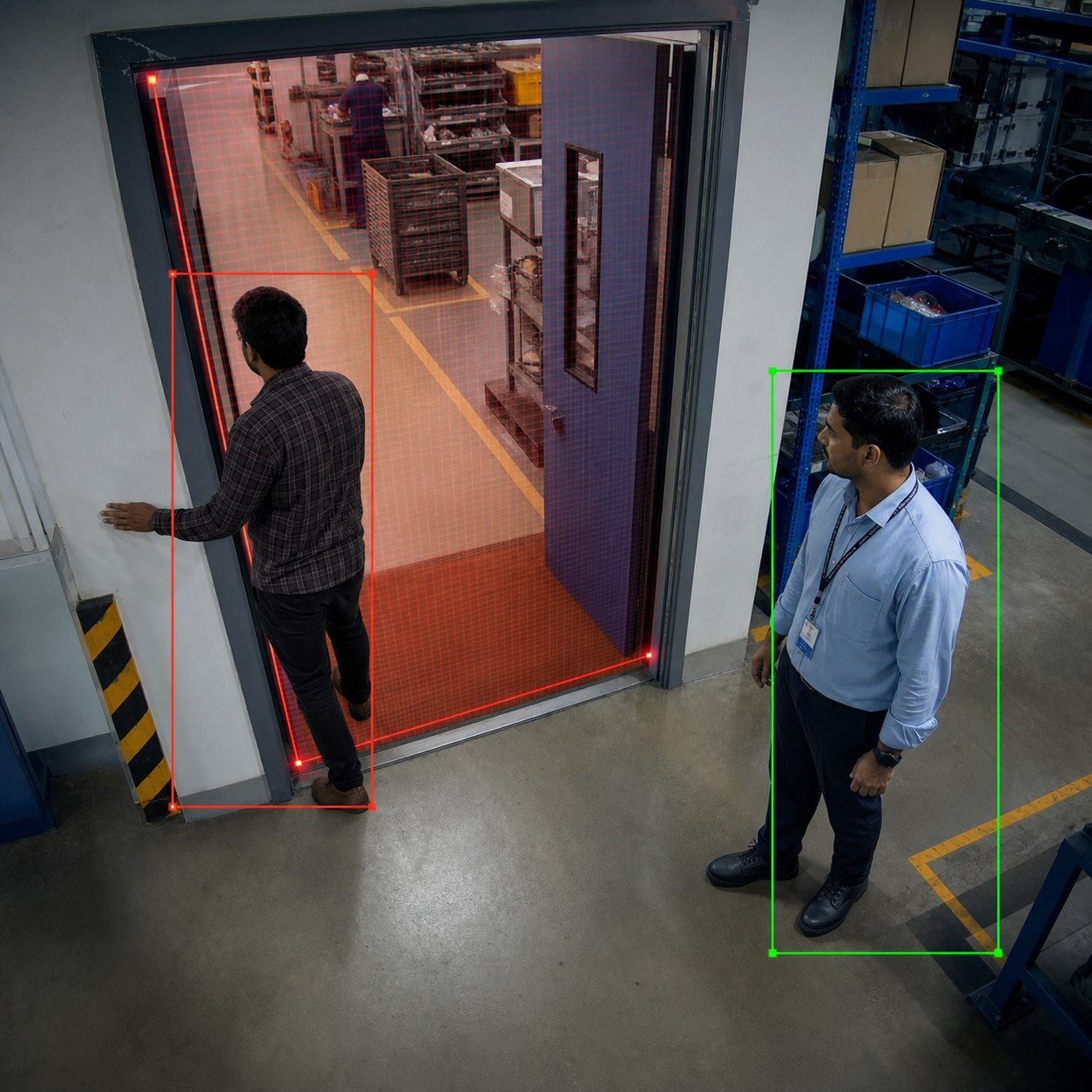 Computer vision distinguishing an unauthorized factory entry from an authorized employee