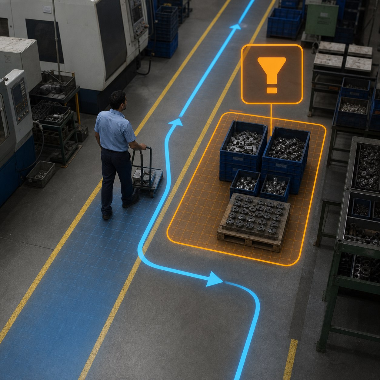 Industrial AI highlighting an obstruction beside a configured material movement route
