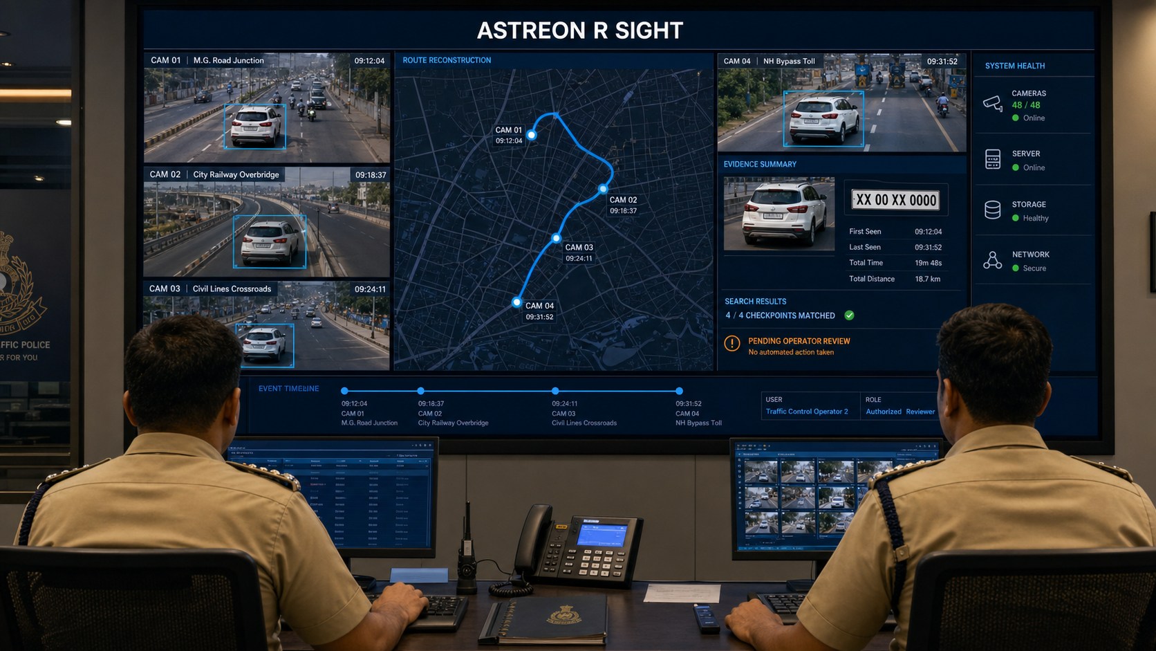 ASTREON R SIGHT command centre reconstructing a vehicle route across four authorized road cameras